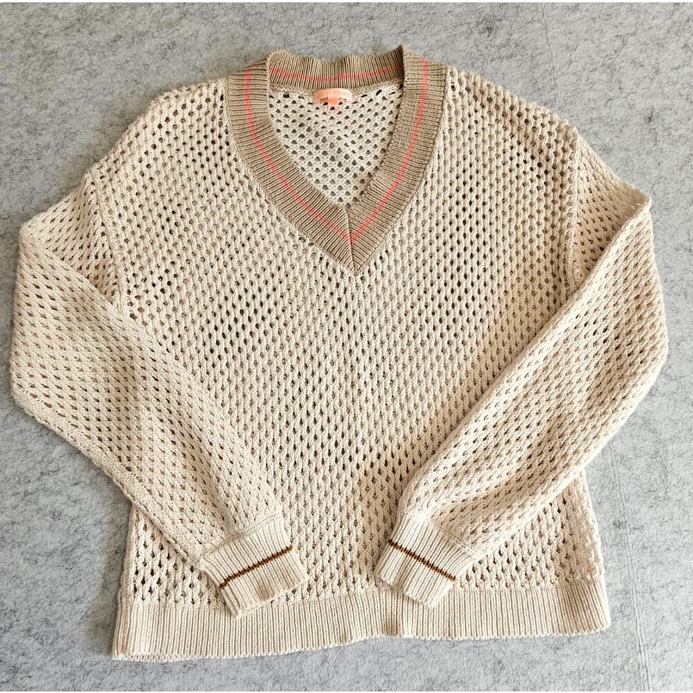 Lisa Todd Beach Bum Cotton V-Neck Open Knit Sweater Cream  Sz S